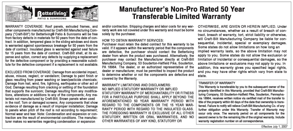 Manufacturer's Non-Prorated Transferable Limited Warranty